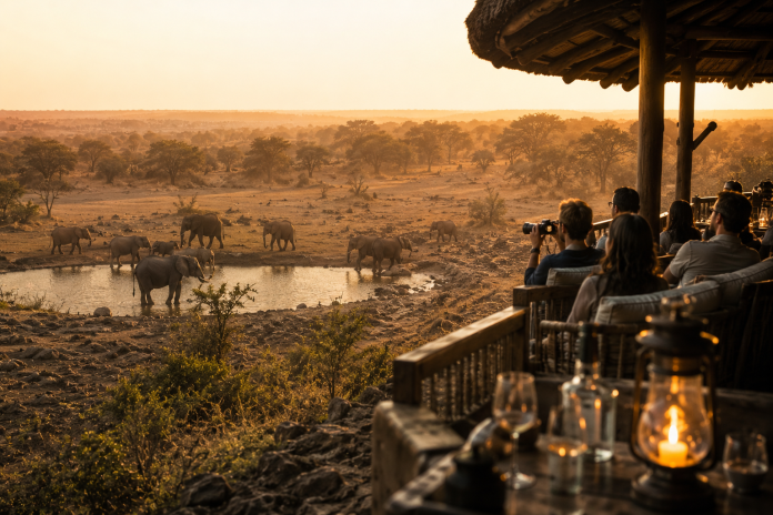 Guests at a luxury African safari lodge relax on a wooden viewing deck while photographing elephants gathered around a watering hole at sunset on the African savannah.