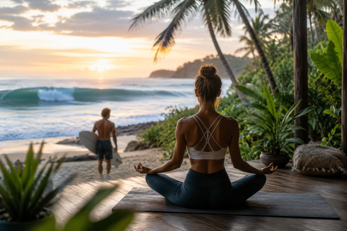 Tropical surf and yoga retreat at sunset featuring a woman meditating on an oceanfront deck while a surfer walks toward the waves surrounded by palm trees and lush coastal greenery.