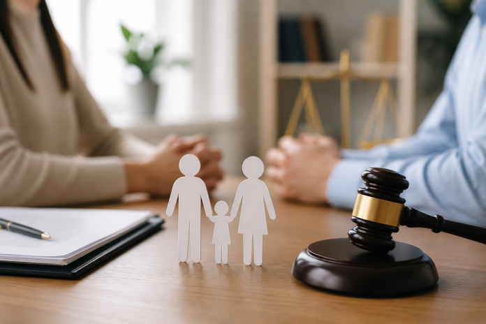 Parent custody discussion at a desk with legal documents and a judge’s gavel in a professional office setting