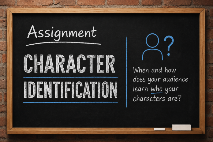 Chalkboard graphic for character identification assignment in musical theatre writing workshop