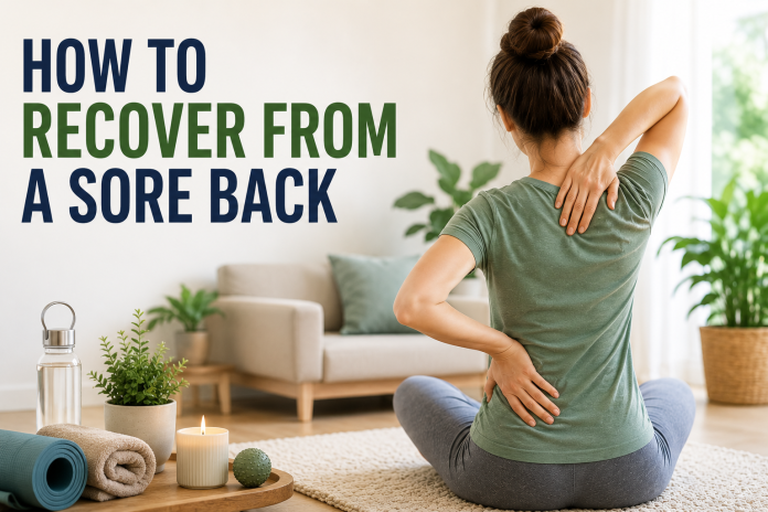 Woman sitting on floor holding sore upper and lower back in bright home wellness setting with headline “How to Recover from a Sore Back”