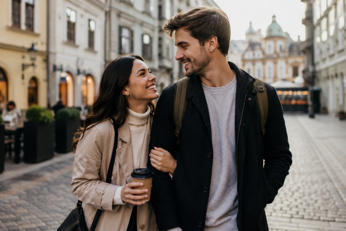 Multicultural couple walking together through a European city street while traveling abroad and sharing coffee outdoors