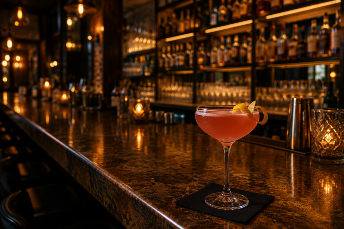 Pink cocktail in coupe glass on a dimly lit bar counter with warm amber lighting and blurred liquor bottles in the background