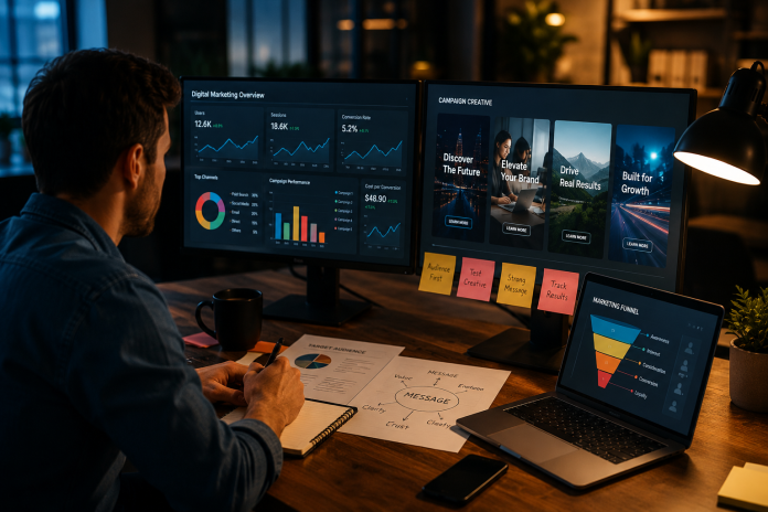 Digital marketer reviewing analytics dashboards and creative campaign messaging on multiple computer screens in a modern office workspace