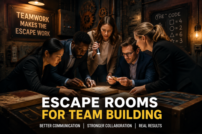 Corporate team solving puzzles together inside an escape room during a team building activity focused on communication, collaboration, and problem solving.