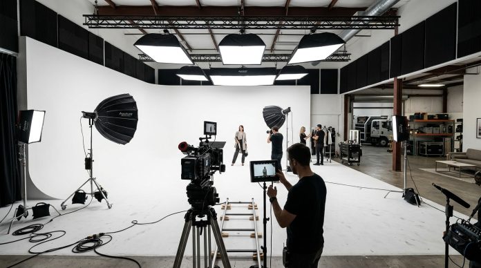 Professional cyc wall studio with seamless white infinity wall, cinematic lighting equipment, large softboxes, camera rig on tracks, and production crew filming a commercial shoot inside a modern video production space.