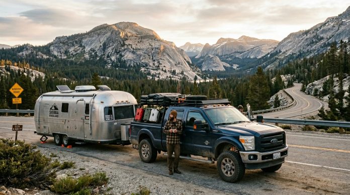 Diesel_pickup_truck_towing_trailer_202605261124 Diesel pickup truck towing a travel trailer through the Sierra Nevada mountains on a California national park road trip with rugged mountain scenery and winding highway at sunrise.