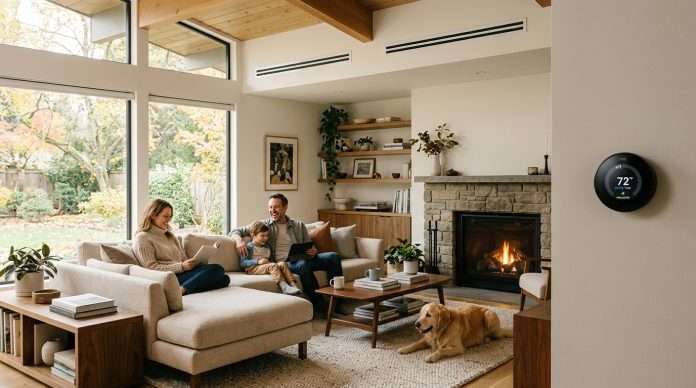 Family_relaxing_in_living_room_202605261338 Modern family relaxing in a comfortable living room with smart thermostat climate control system, natural sunlight, fireplace, clean air vents, and cozy energy-efficient home interior.