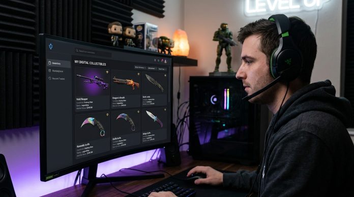Gamer viewing a collection of rare gaming skins and digital collectibles on a computer screen, illustrating online ownership and virtual assets.