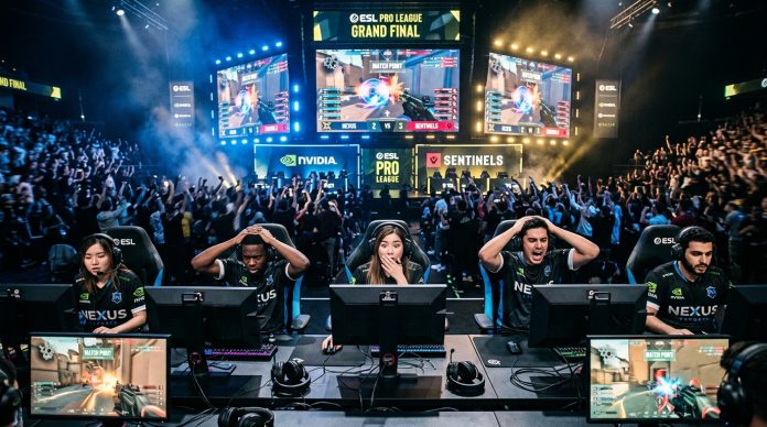 Esports players react during a high-stakes championship match as a live audience watches a dramatic gaming moment unfold on giant screens.