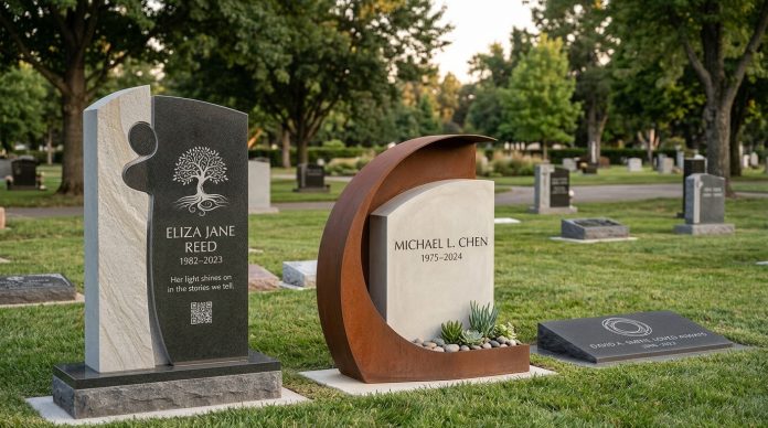 Gravestone_designs_minimalist_sc…_202605211421 Modern minimalist gravestone designs in a cemetery featuring sculptural memorial stones, mixed materials, engraved artwork, QR codes, and contemporary geometric shapes.