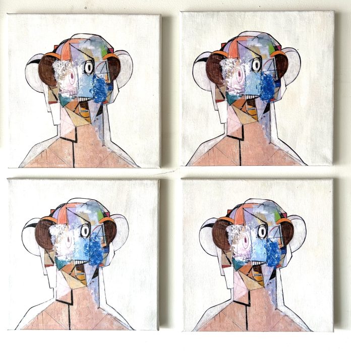 IMG_6809 Eric Doeringer's assembly-line bootleg series showing four near-identical small-scale paintings side by side, demonstrating his batch production process.