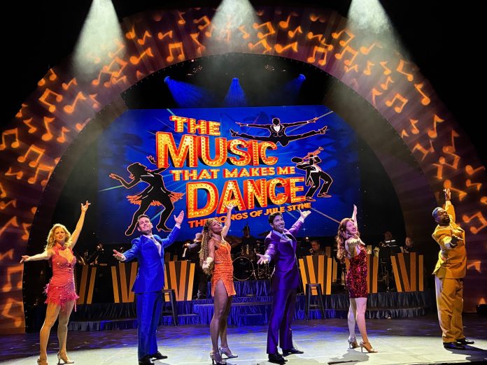 Cast of The Music That Makes Me Dance performing onstage at El Portal Theatre during ARTCO’s Jule Styne musical revue