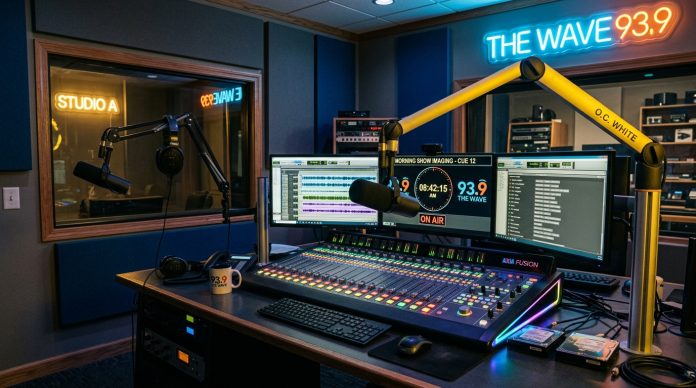 Radio_studio_production_room_no_202605261305 Modern radio station production studio with broadcast microphones, audio mixing console, waveform monitors, and neon station branding used for professional radio imaging and audio production.