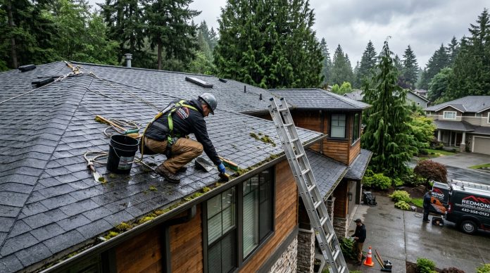 Professional roofer removing moss and inspecting shingles on a modern home roof in rainy Redmond, Washington, with wet roofing materials, ladders, evergreen trees, and overcast Pacific Northwest weather conditions.
