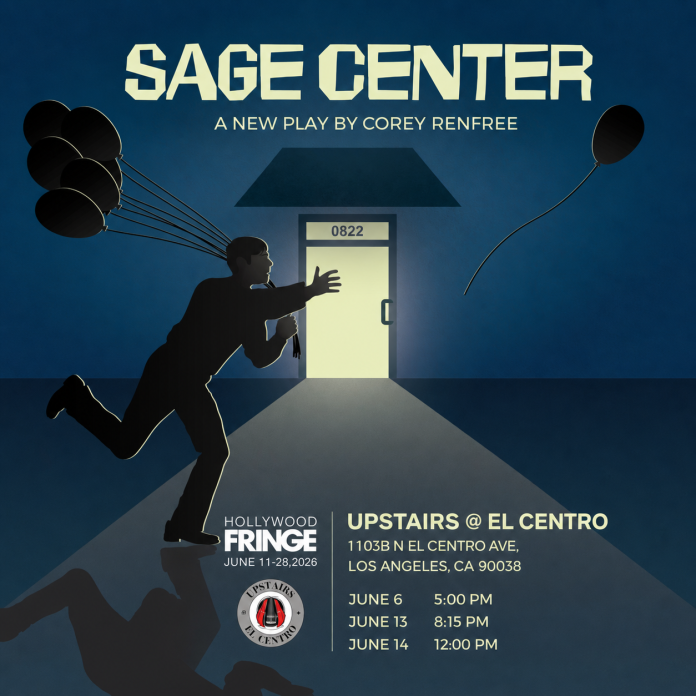 Square promotional artwork for Sage Center by Corey Renfree featuring a dark blue hallway scene with a silhouetted figure reaching toward an illuminated doorway while black balloons float beside him.