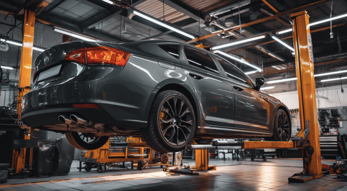 Vehicle raised on hydraulic lift inside auto repair shop during catalytic converter and exhaust system inspection