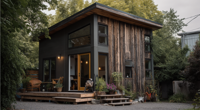 Modern two-story small house with dark wood siding, large windows, and outdoor deck surrounded by trees and landscaping
