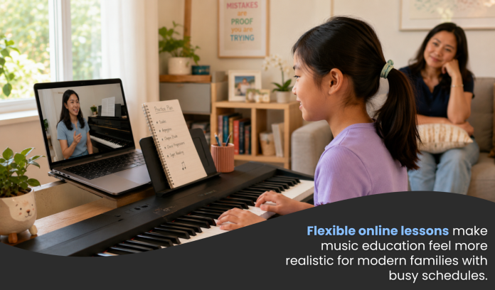 image Young student taking an online piano lesson at home while a parent watches from the couch.