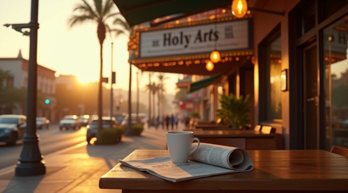 NoHo Arts District 2026: A Year on the Lankershim Corridor Sunset view of the NoHo Arts District along the Lankershim Corridor with theatre marquees, outdoor café tables, palm trees, and evening street activity in North Hollywood.