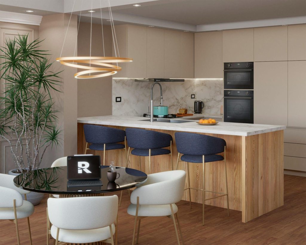 Modern organized kitchen and dining area with minimalist storage, clean countertops, wood cabinetry, and contemporary lighting in a clutter-free modern home.