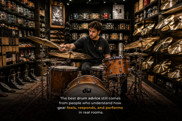 image Drummer playing a full drum kit inside a professional drum showroom surrounded by cymbals and percussion equipment.