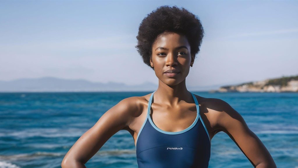 Black woman in a blue swimsuit standing confidently by the ocean during a water sports and ocean advocacy feature.