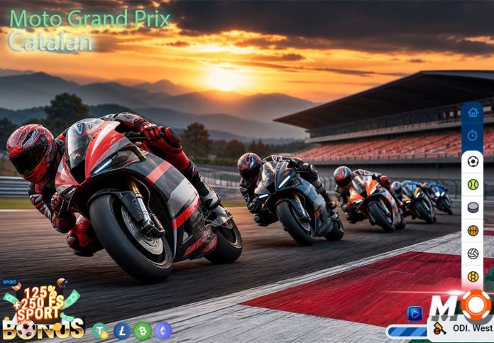 MotoGP riders racing through Circuit de Barcelona-Catalunya during the Catalan Grand Prix at sunset.