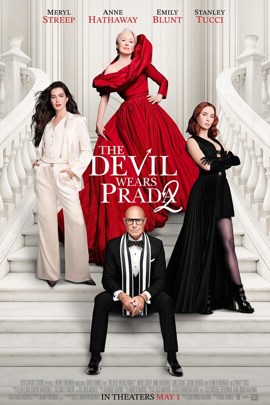 Official The Devil Wears Prada 2 movie poster featuring Meryl Streep, Anne Hathaway, Emily Blunt, and Stanley Tucci on a grand staircase in glamorous designer fashion.