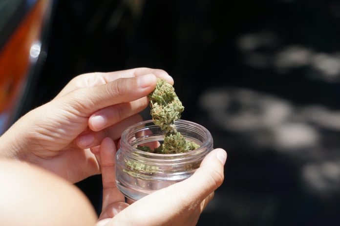 Cannabis flower in a glass jar in an adult creative-lifestyle setting