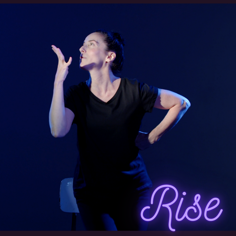 Rise solo show Diana Varco performing expressive gesture with Rise title text