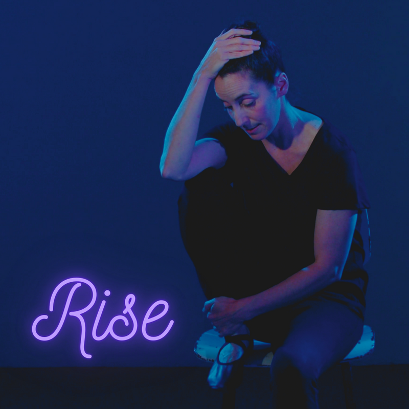 Rise solo show Diana Varco seated holding head with Rise title text on image
