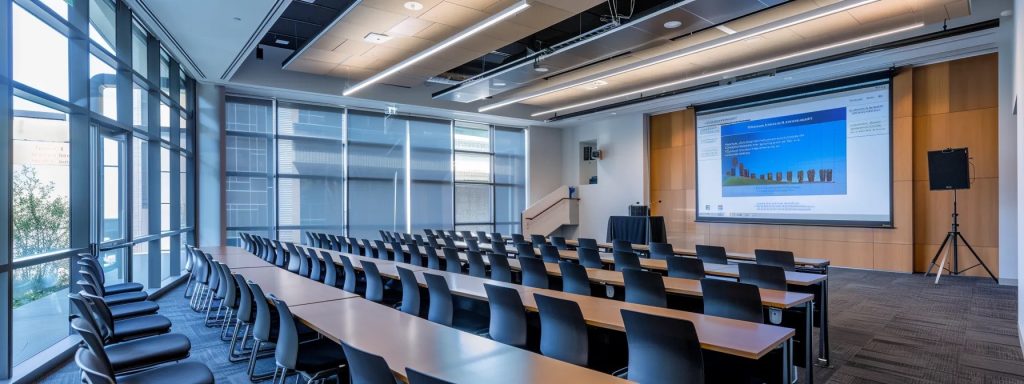 Modern conference room with presentation screen, classroom seating and large windows for corporate meetings and training events.
