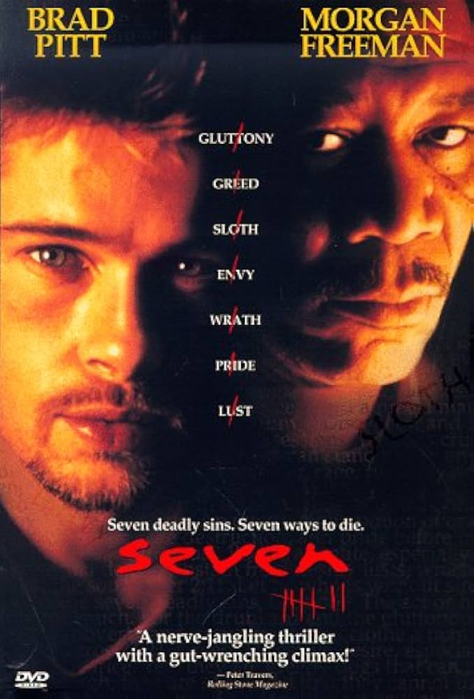 Poster for the 1995 thriller Seven starring Brad Pitt and Morgan Freeman, referenced in Jessica Lynn Johnson's blog on the seven deadly sins of solo theatre.