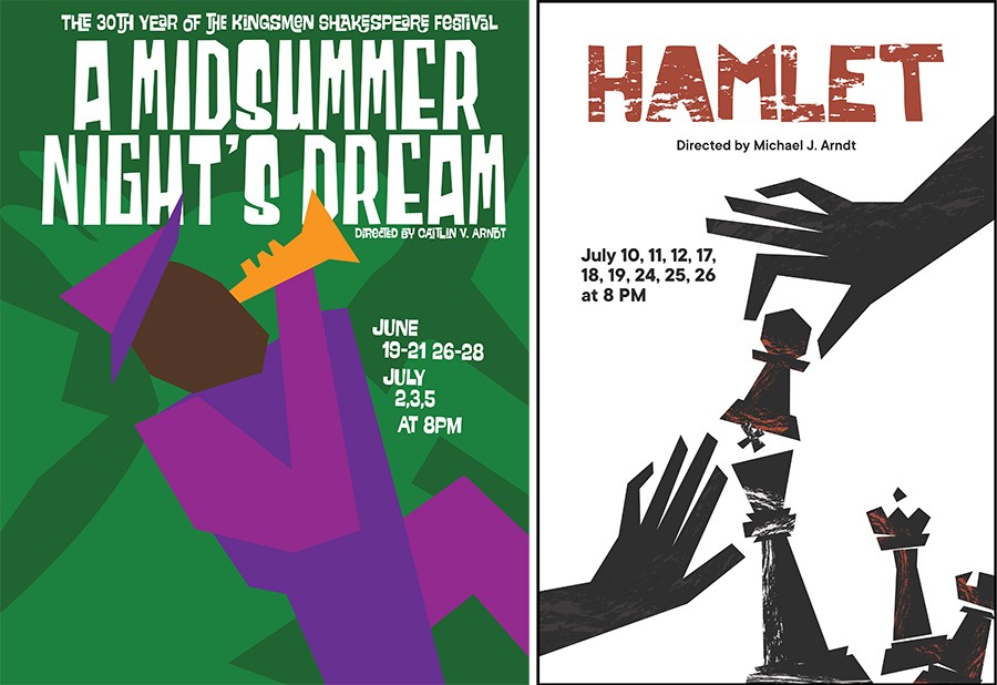 Promotional poster for Kingsmen Shakespeare Company's 30th season featuring A Midsummer Night's Dream and Hamlet performances at California Lutheran University in Thousand Oaks.