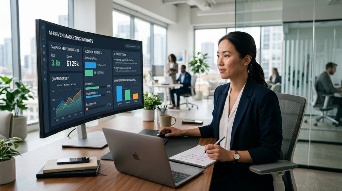 AI_analyzing_marketing_data_dash…_202606191436 Marketing professional reviewing AI-powered analytics dashboard displaying audience insights, campaign performance metrics, conversion data, and predictive marketing analysis in a modern office.