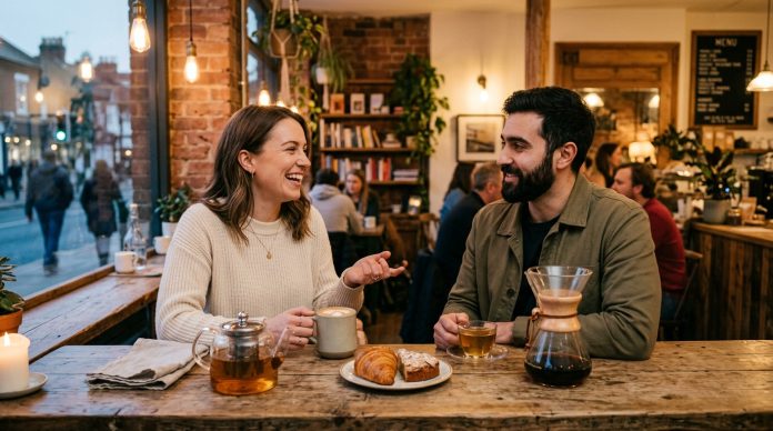 Friends enjoy coffee and tea while talking in a warm, welcoming café, reflecting the role of atmosphere, ritual, and connection in modern beverage culture.