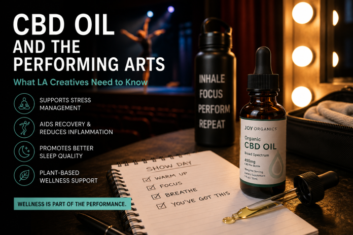 ChatGPT Image Jun 10, 2026, 03_37_23 PM CBD oil tincture displayed backstage at a theater with stage lights, performer silhouette and wellness tools highlighting stress management, recovery and sleep support for artists.
