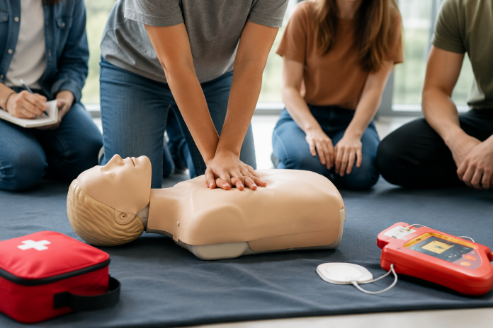 Students practice CPR and emergency response techniques during a first aid training class using a CPR mannequin and AED trainer.