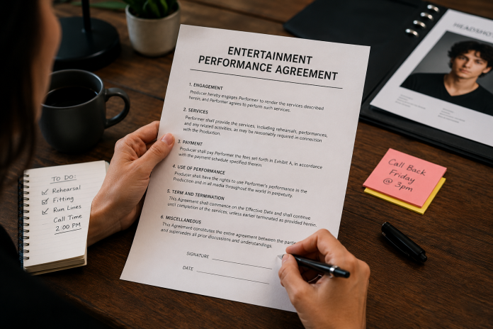 ChatGPT Image Jun 13, 2026, 09_18_15 AM Actor reviews and signs an entertainment performance agreement at a desk, highlighting the importance of understanding contracts, payment terms and performance rights before signing.