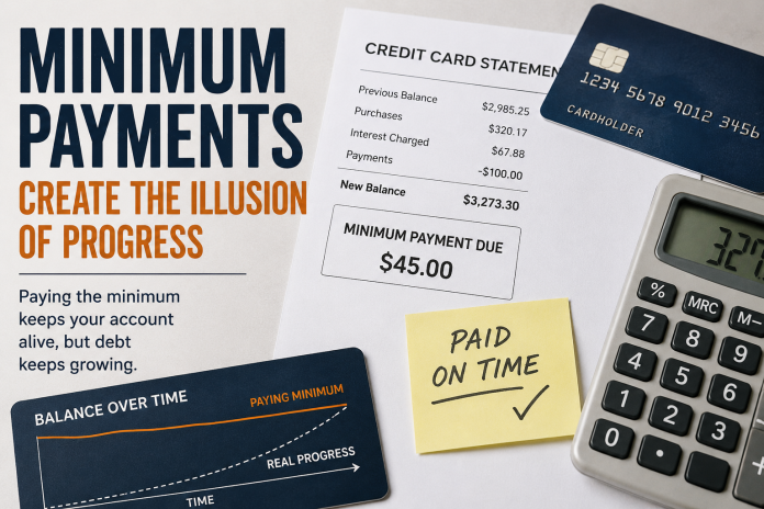 Credit card statement, calculator and payment reminder illustrating how minimum credit card payments can create the illusion of debt repayment while balances remain high due to interest charges.