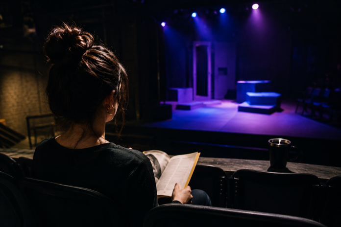 Woman sitting alone in a theatre reviewing a program before a performance, illustrating the experience of attending a solo theatre marathon during festival season.