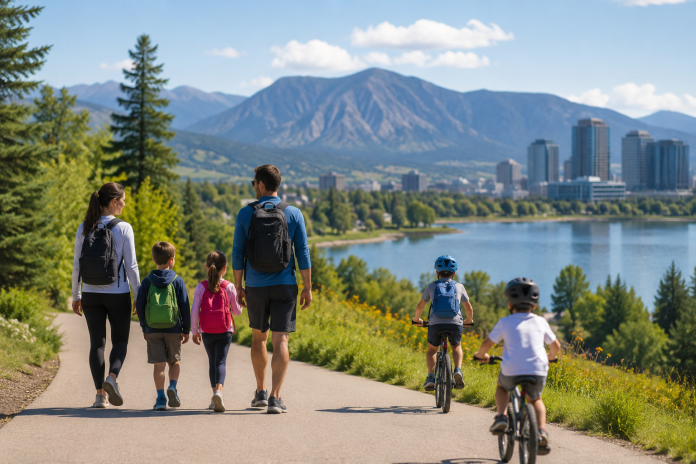 Family hiking and biking outdoors in a scenic park while exploring climate and outdoor living factors for active families choosing a new city.