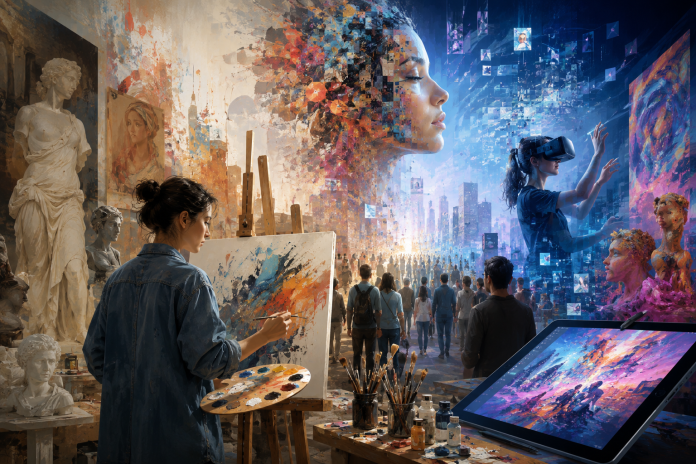 ChatGPT Image Jun 22, 2026, 01_46_46 PM Modern arts landscape illustration showing traditional painting, digital creativity, cultural influence, immersive technology, and evolving artistic expression.