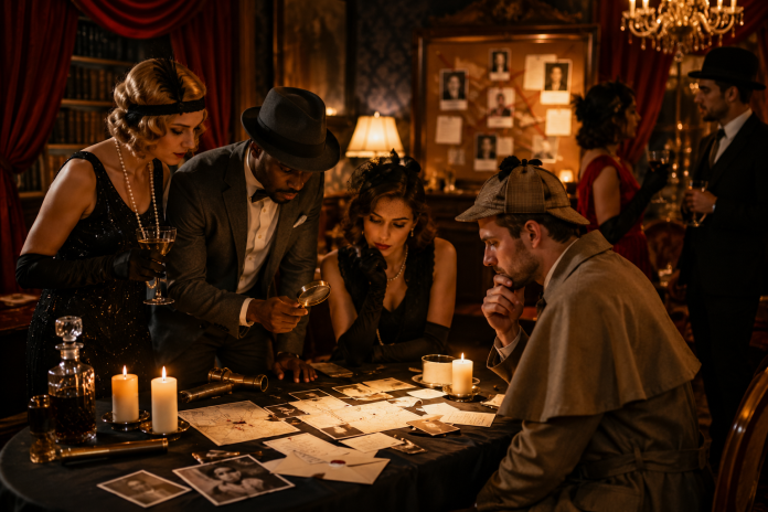 ChatGPT Image Jun 22, 2026, 09_08_26 PM Guests in vintage costumes examine clues and solve a mystery during an immersive murder mystery party with role-playing and interactive storytelling.