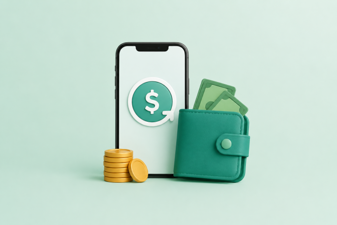 Making the most of cash back apps with smartphone displaying cashback rewards next to wallet and coins