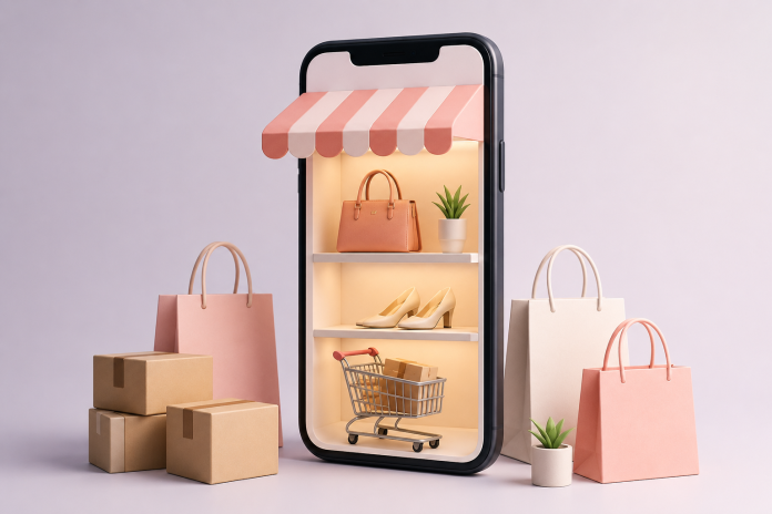 Smartphone displaying an ecommerce storefront with shopping bags and packages representing mobile shopping and online retail growth
