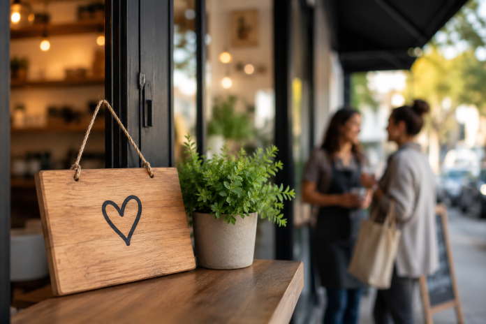 Cozy neighborhood storefront with a simple heart sign, potted plant, and two people chatting outside, representing local businesses building customer trust.