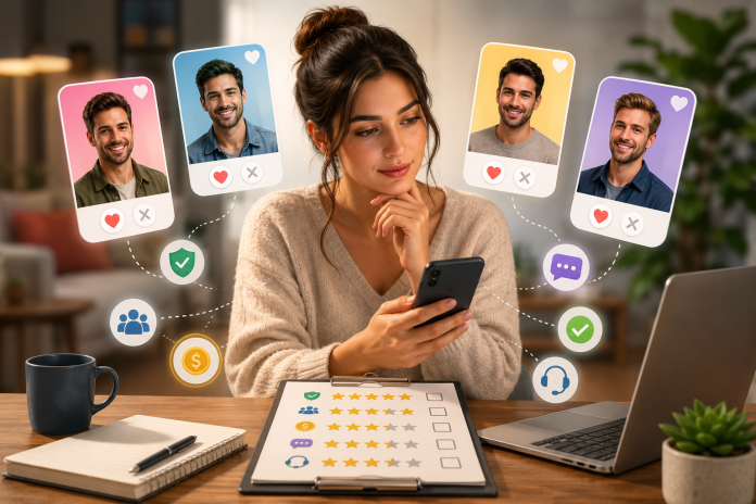 woman compares online dating platforms on her smartphone while reviewing profiles and trust indicators, including verification, messaging, and user engagement, in a modern home office.