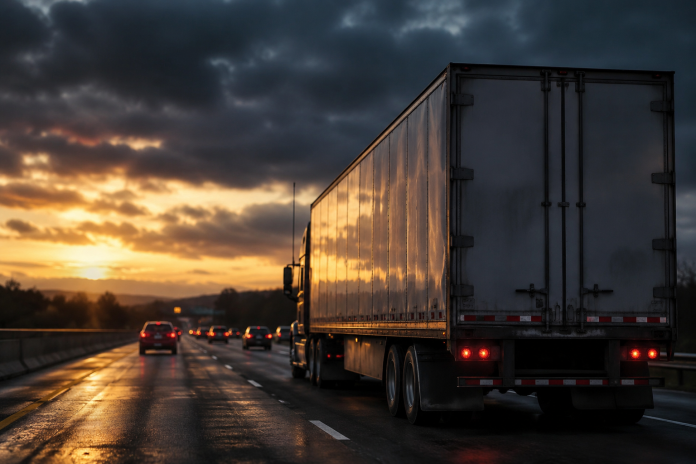Semi-truck driving on a wet highway at dusk with slowing traffic ahead, illustrating the dangers of fatigued truck drivers and delayed braking.
